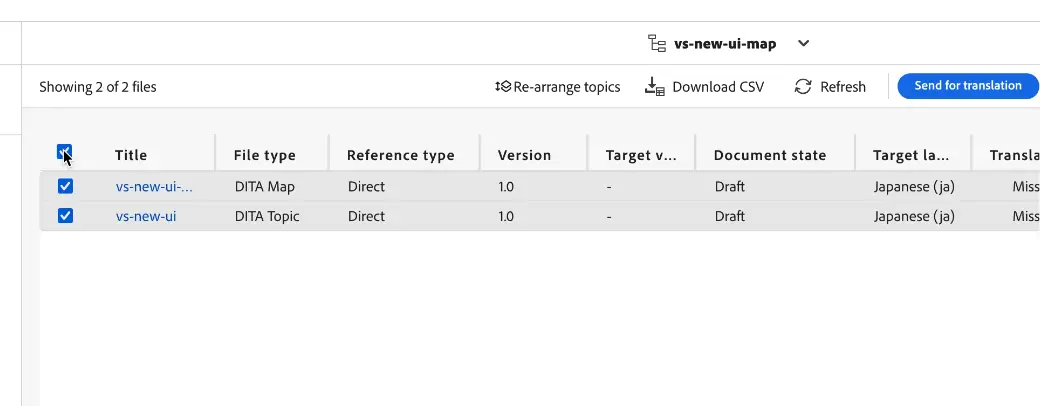 File selection screen for translation