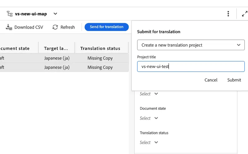 Pop-out panel for naming the translation project