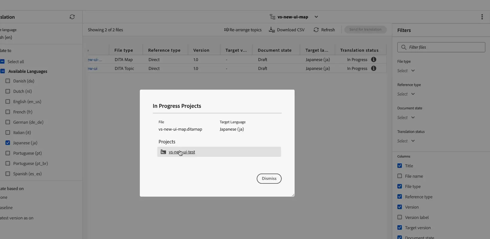 Translation progress with In Progress status and project link