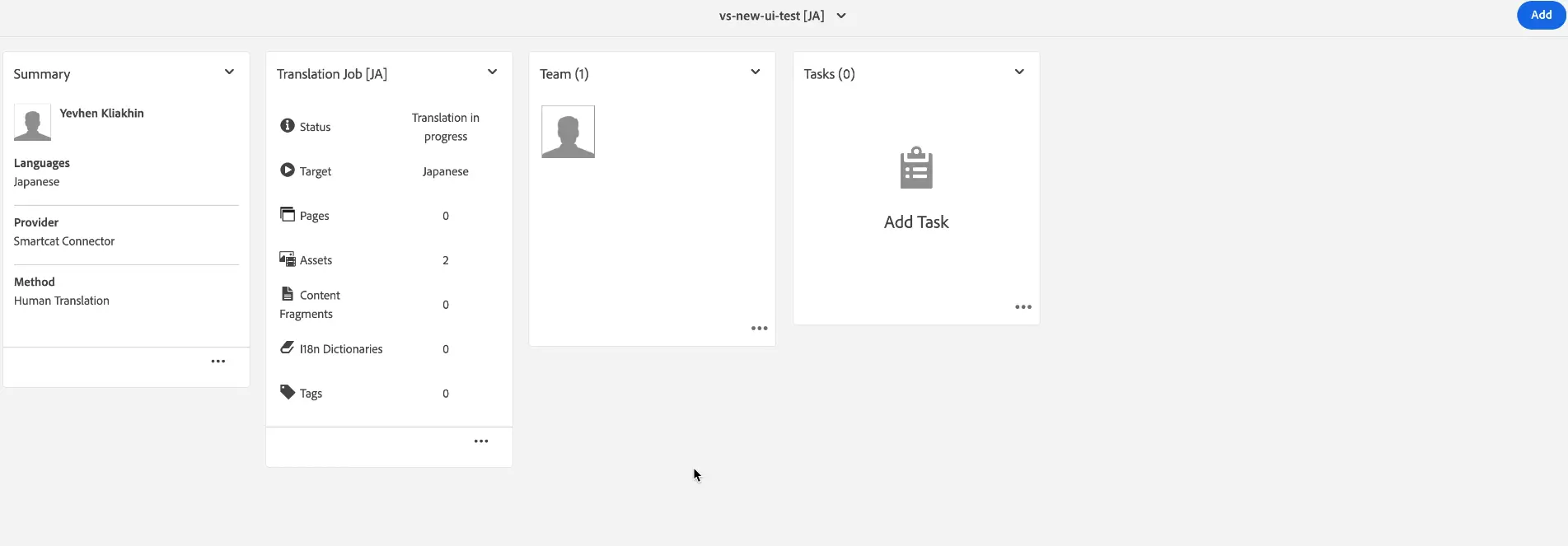 Translation project screen showing status and translated files