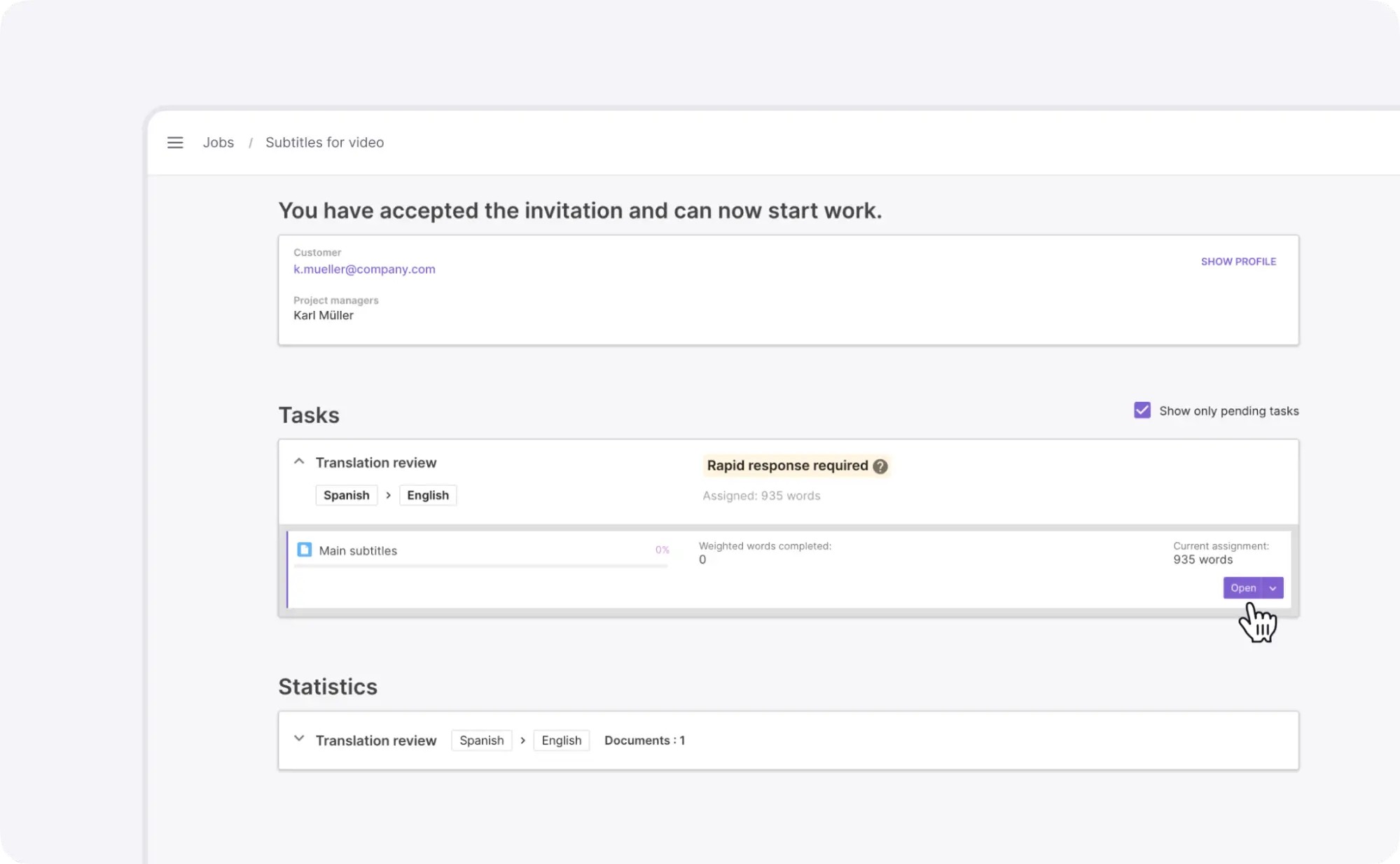 Freelancer incoming task details with the subtitle file link