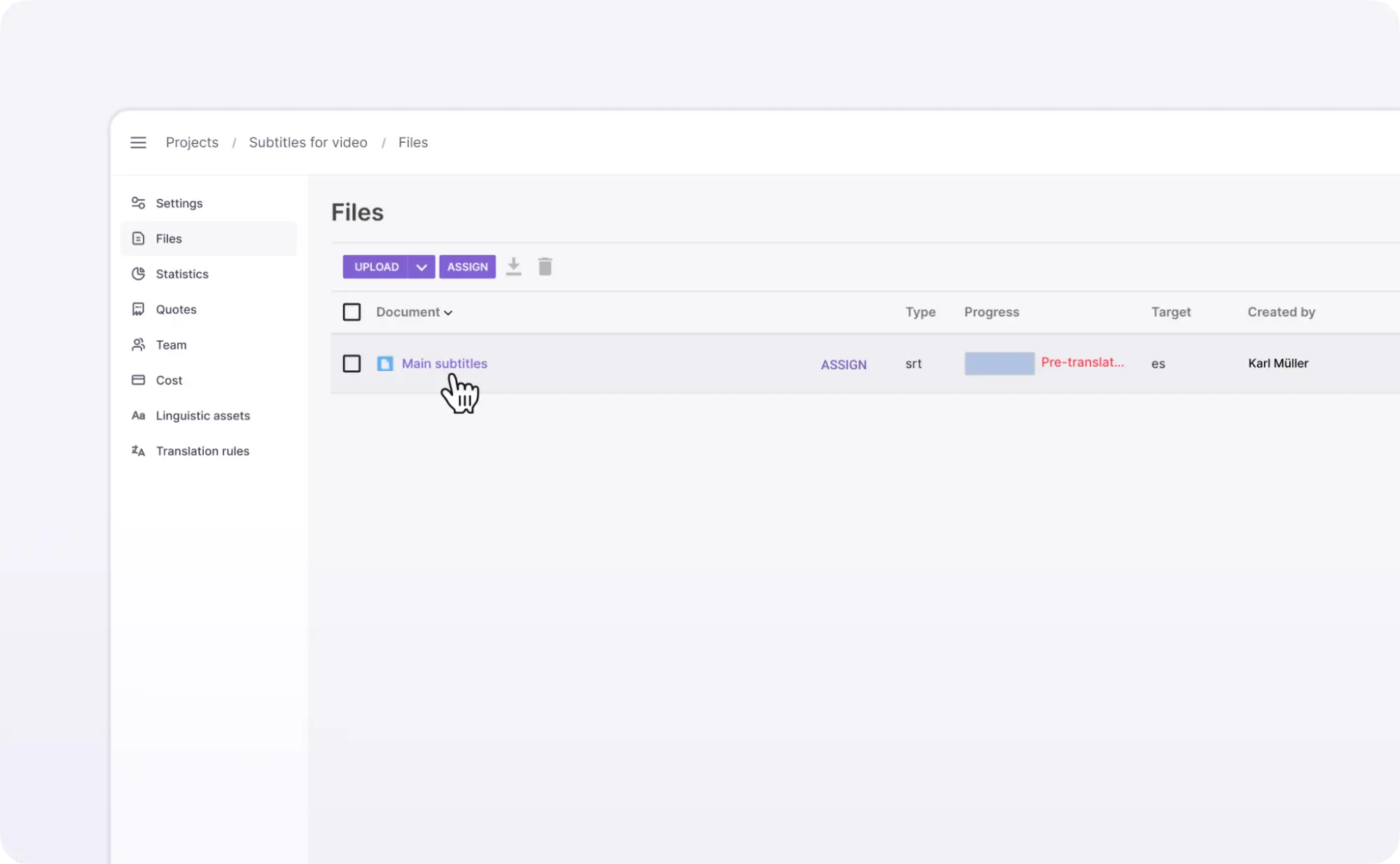 Project Files page with a subtitle file ready to open