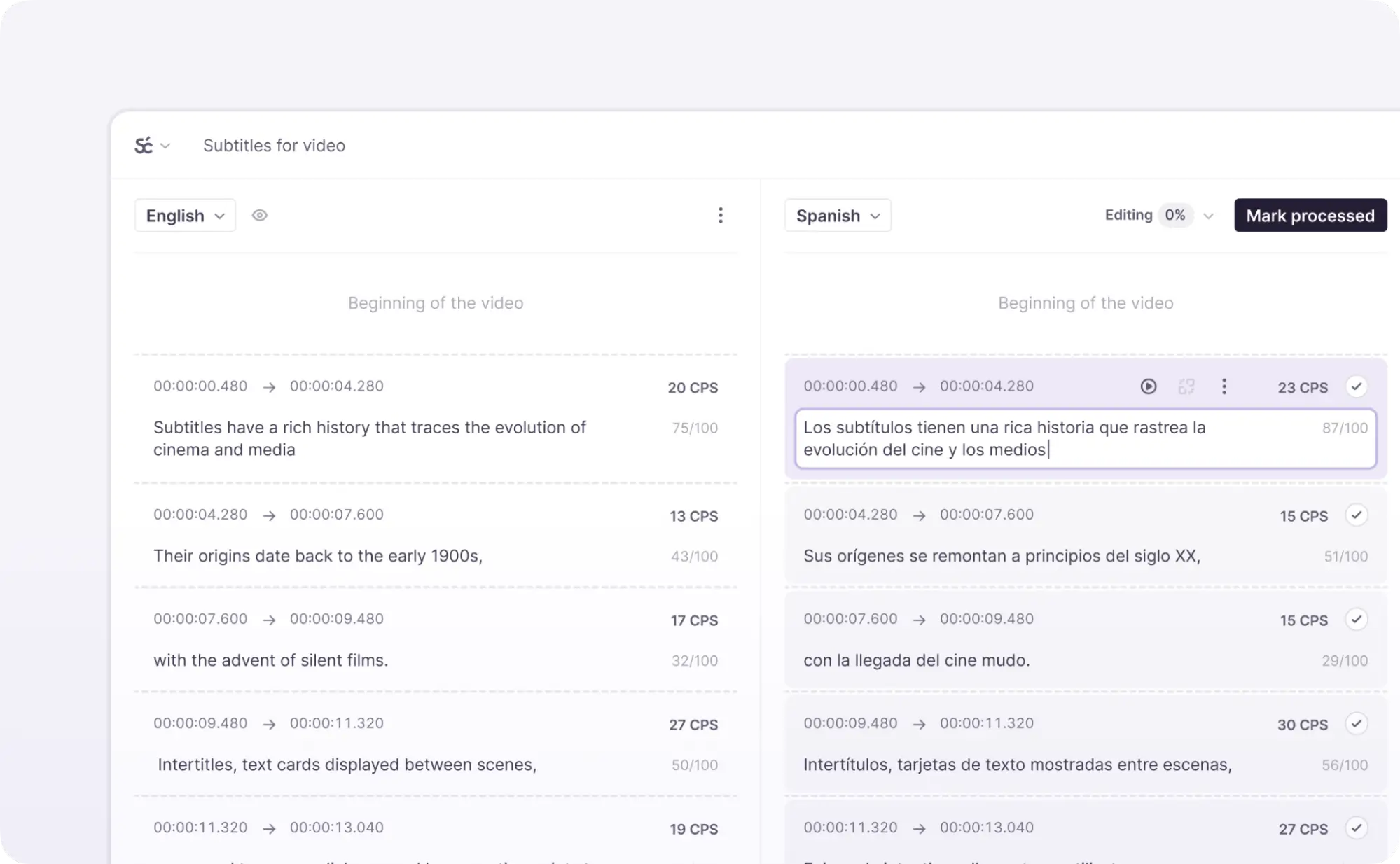 Subtitle Editor with source and translation cues in parallel columns