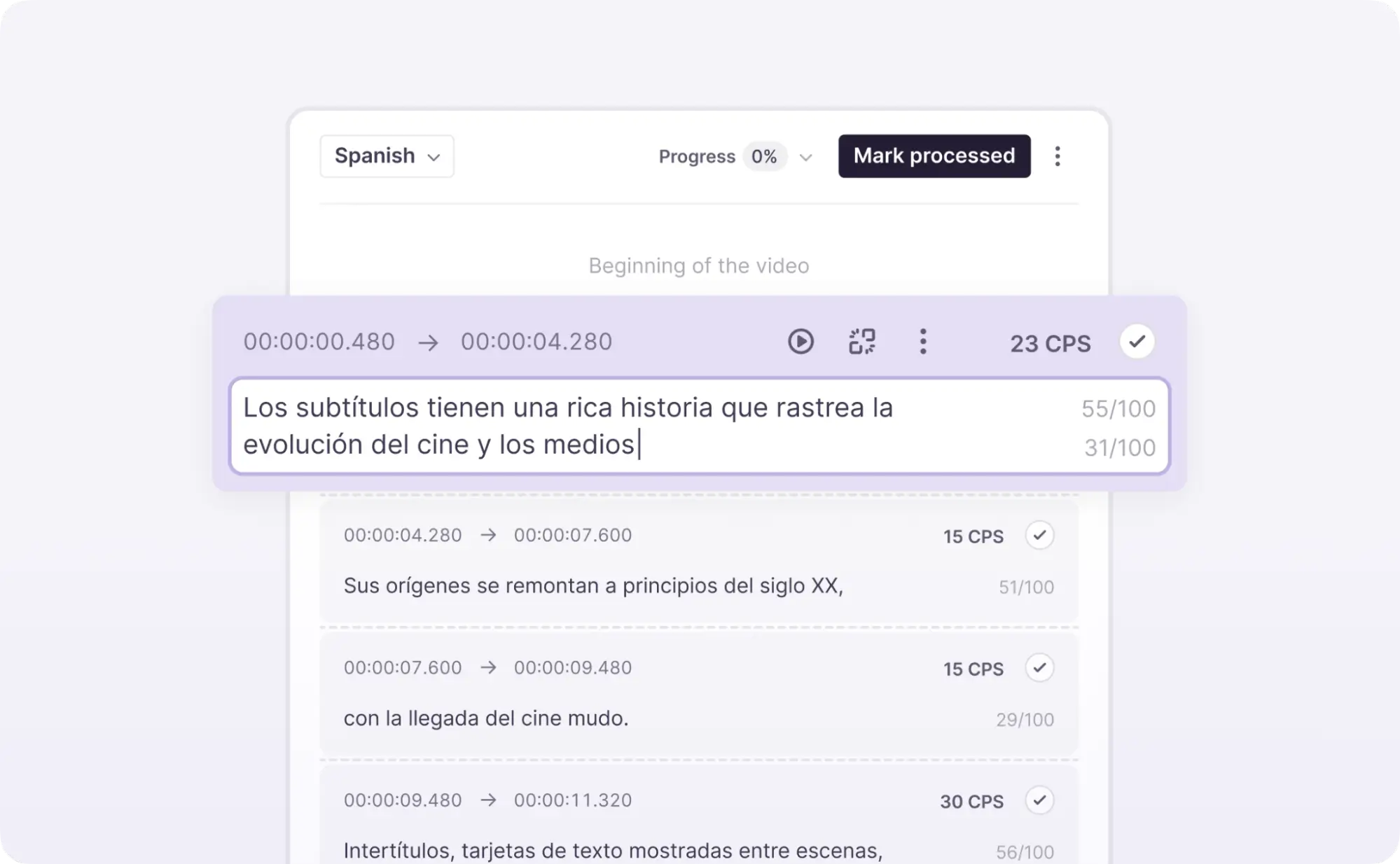 A cue selected on the right side of the editor for editing