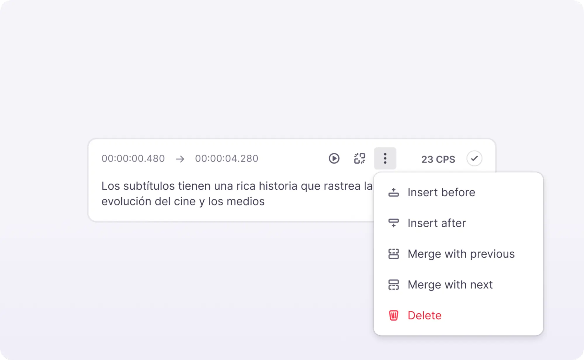 Cue dropdown menu with merge, delete, and add options