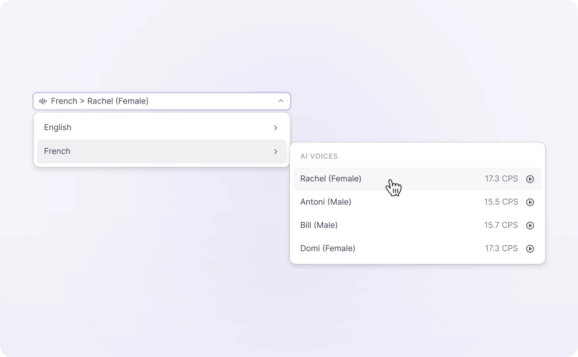 Language selector and AI voice preview under the Preview section