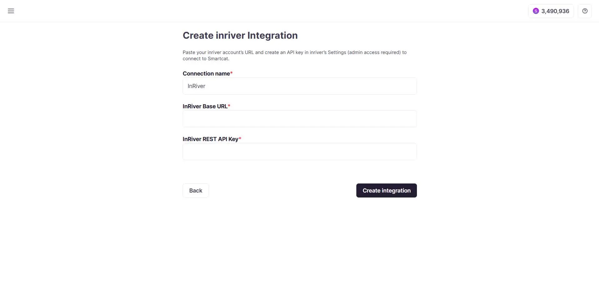 Smartcat integration setup form with fields for the integration name, inriver Base URL, and REST API key