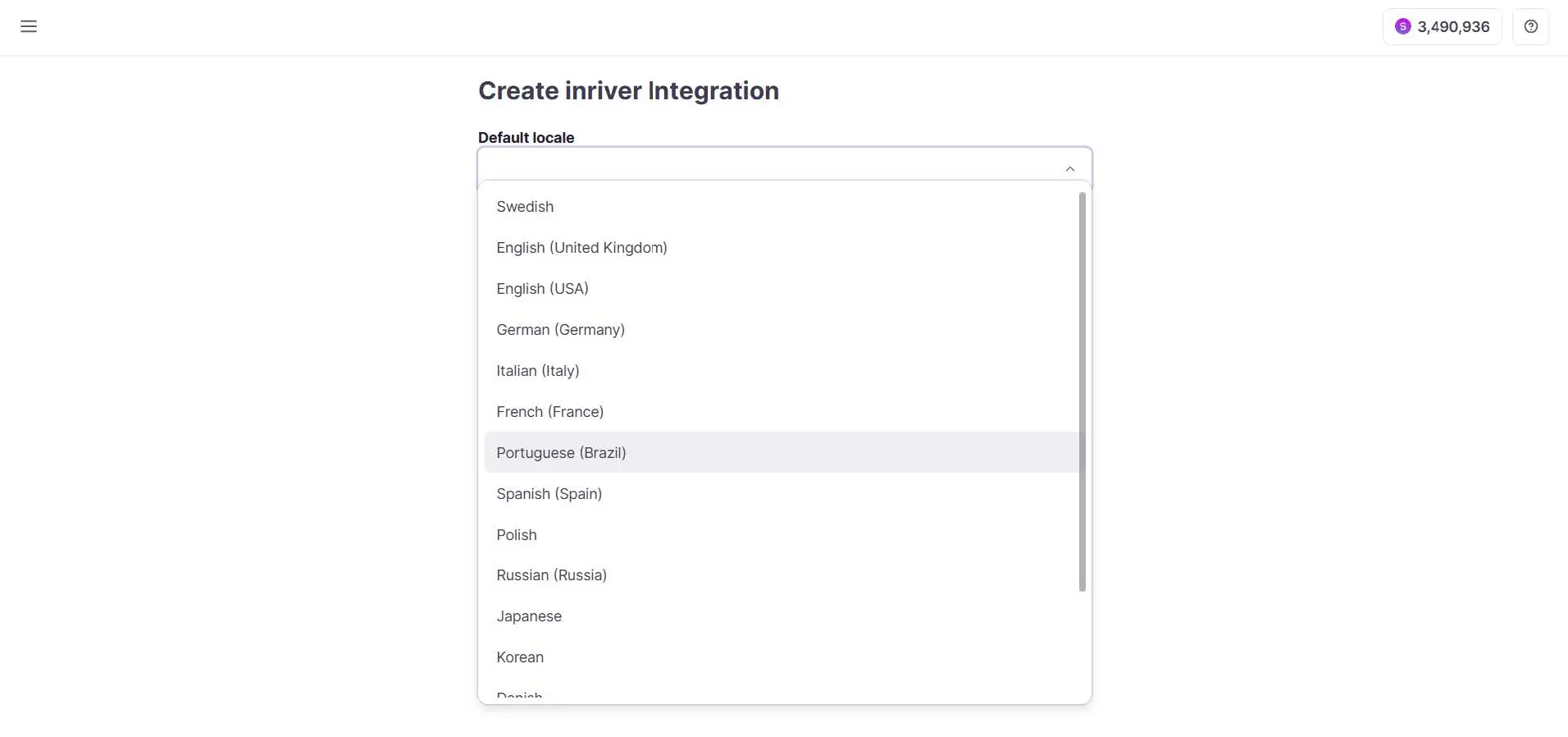 Dialog for selecting the source locale or language of the inriver account