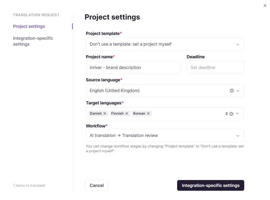 Project creation screen showing workflow selection with the Automatic Translation to Post-Editing option