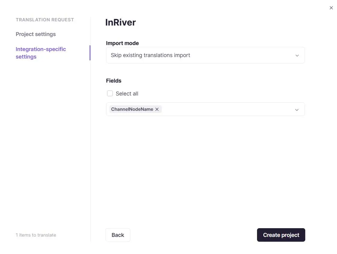 Integration-specific settings for choosing the import mode and the fields to import and translate