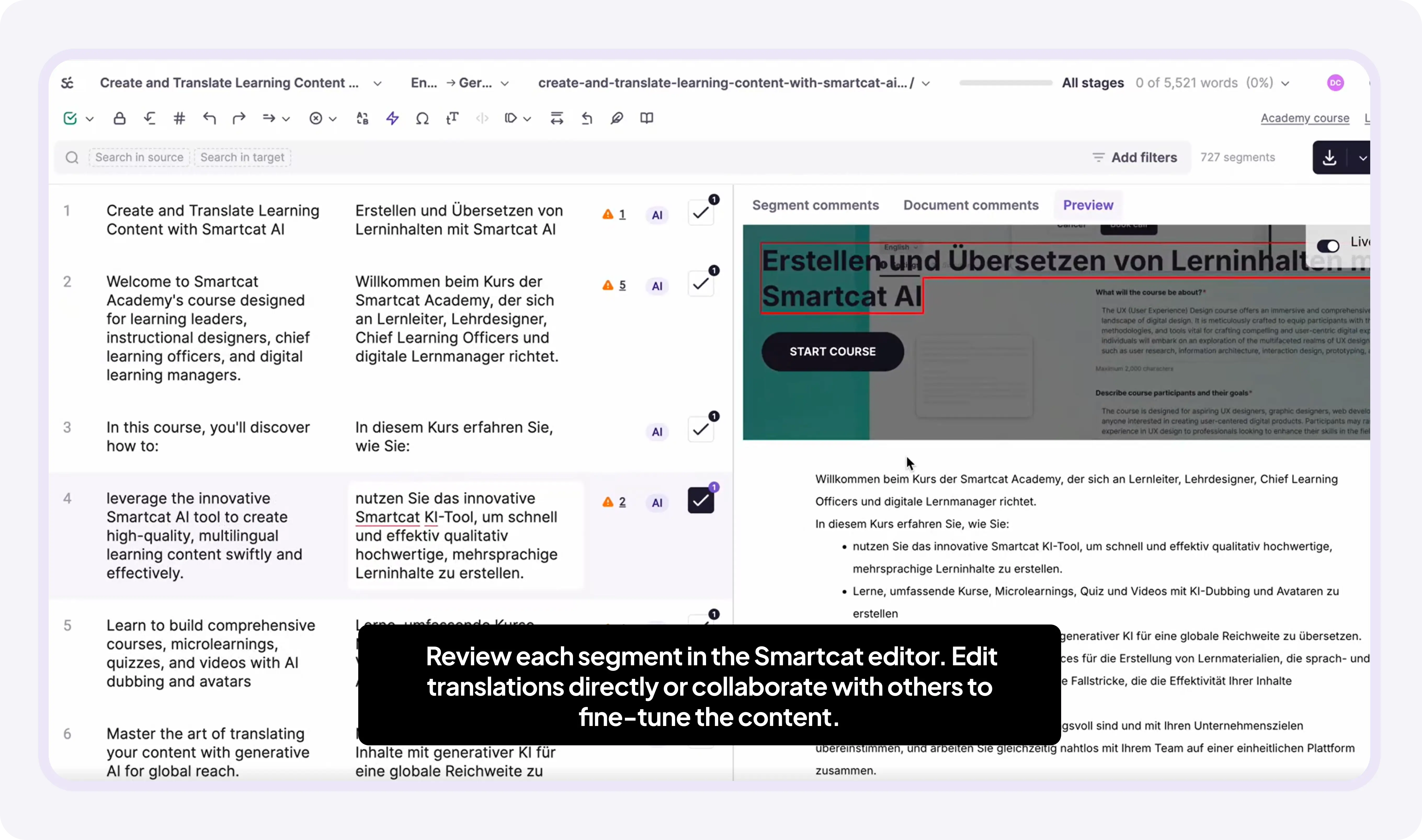 Reviewing the translation in the Smartcat editor