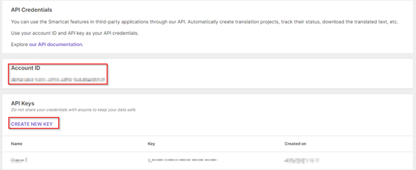 The API settings page