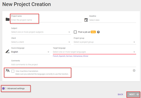 Advanced settings for the project