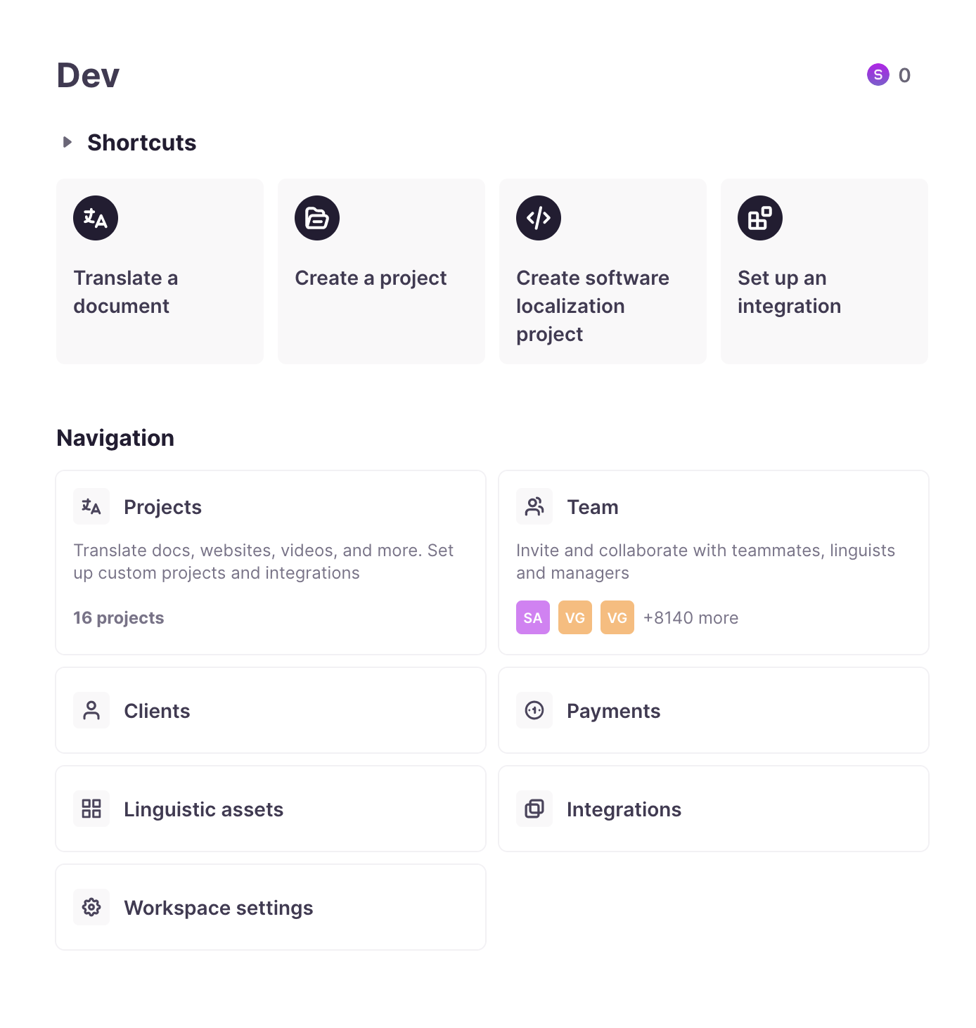 Home page with the Create software localization project option