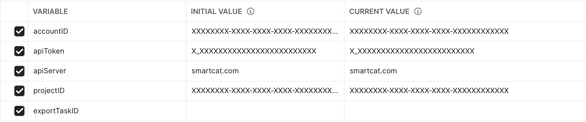 Postman collection variables to update before running the API examples