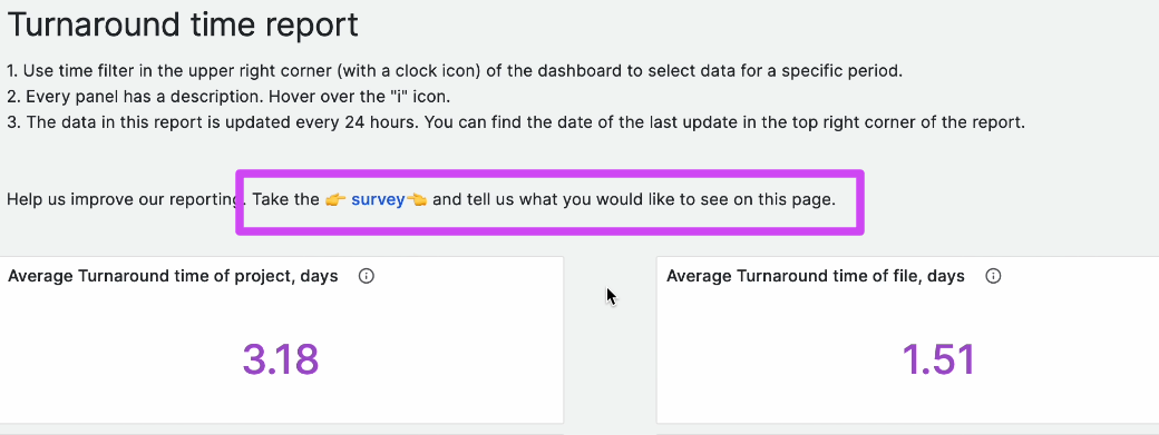 Survey feedback button above the report tiles
