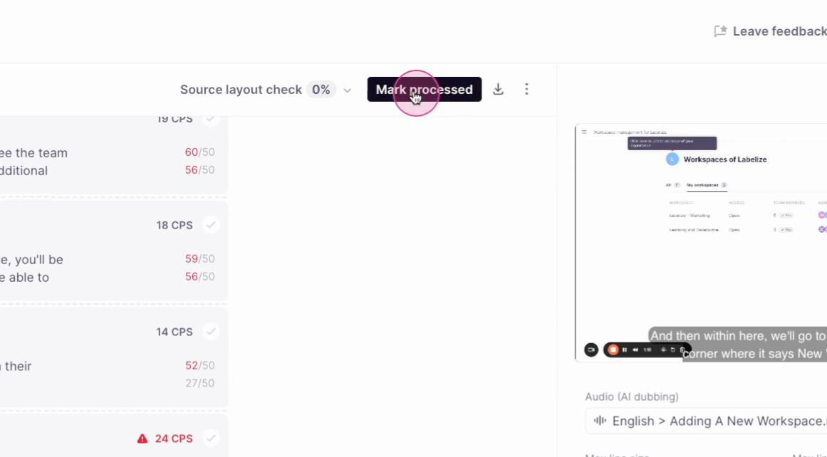 Approving subtitle segments in Smartcat