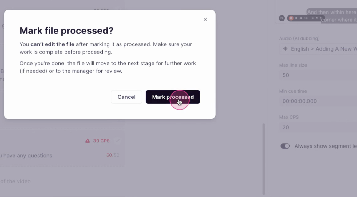 Processed subtitle file moving to the translation stage in Smartcat