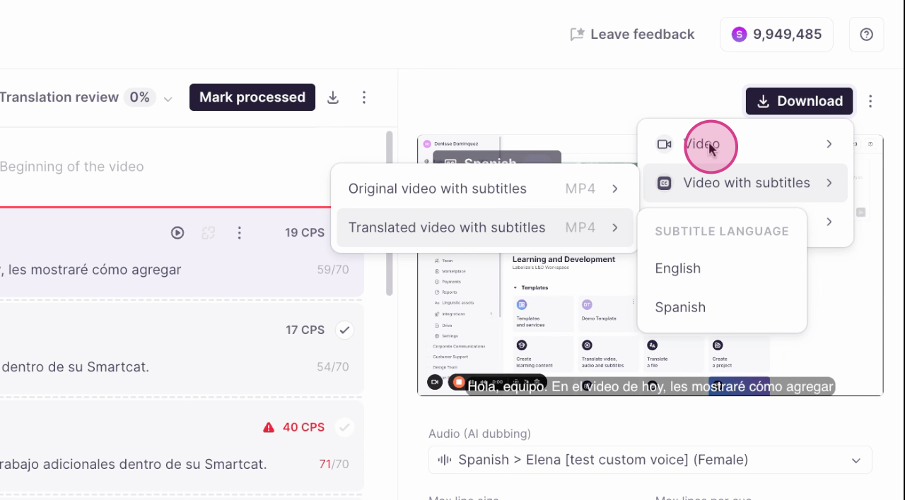Confirming the video with subtitles export selection