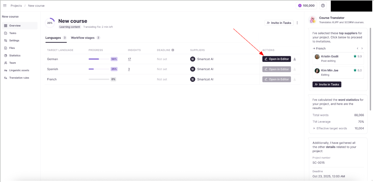 CAT editor with source and target text side by side and a live course preview