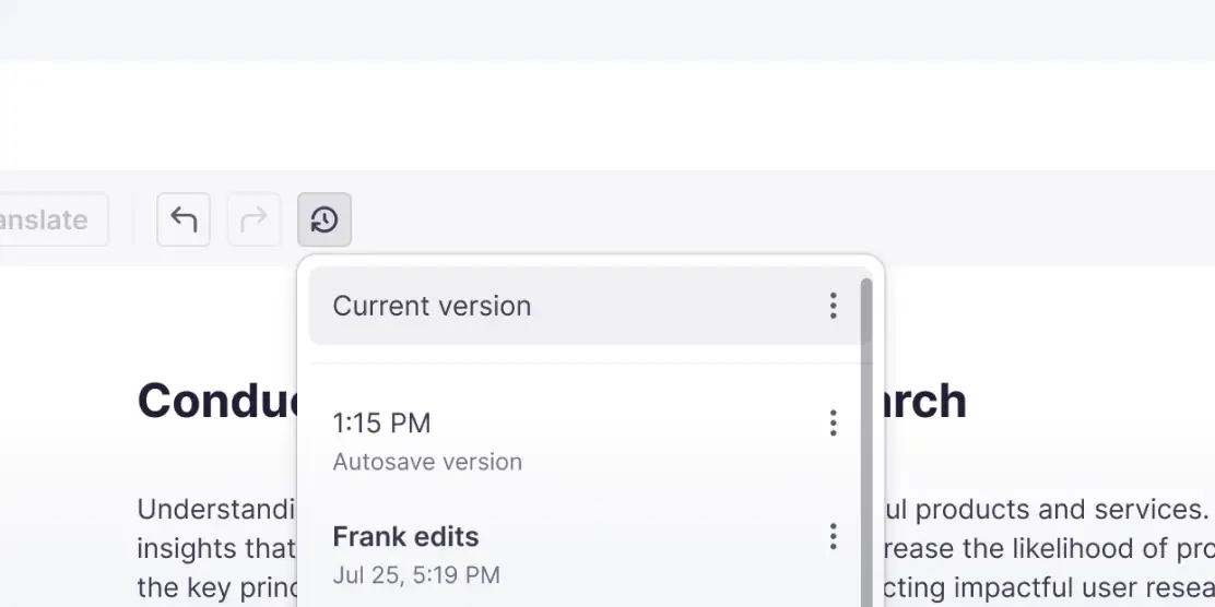 Version history in Smartcat’s course editor, with autosaved versions and named edits