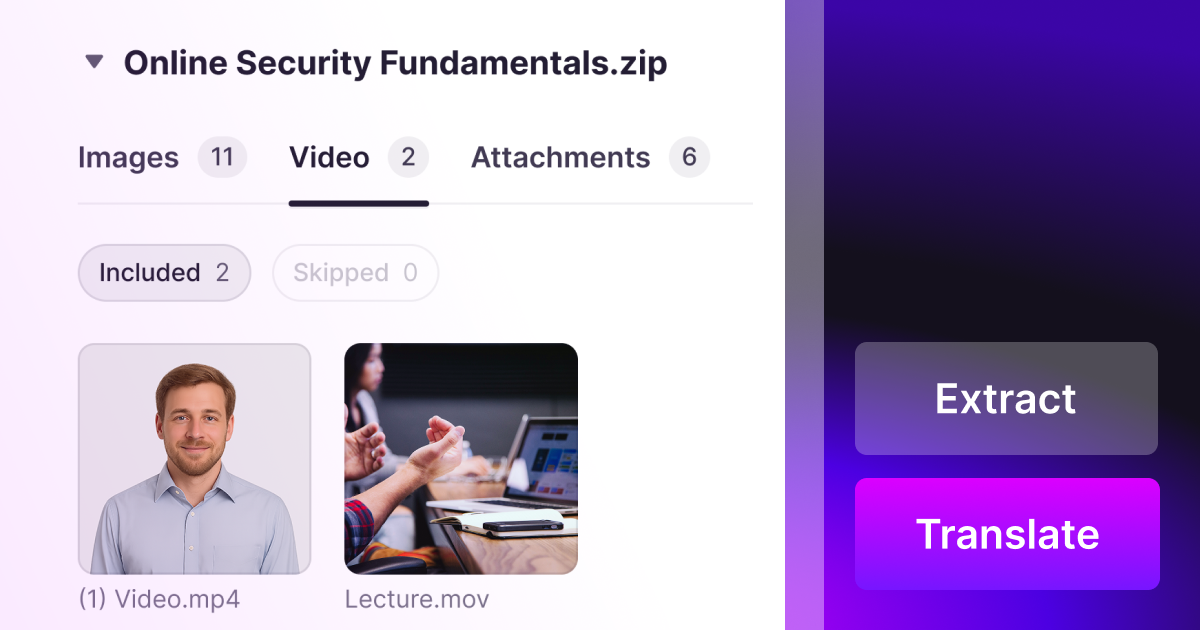 A SCORM package in Smartcat with the images, videos and attachments found inside it, each ready to include or skip before translation