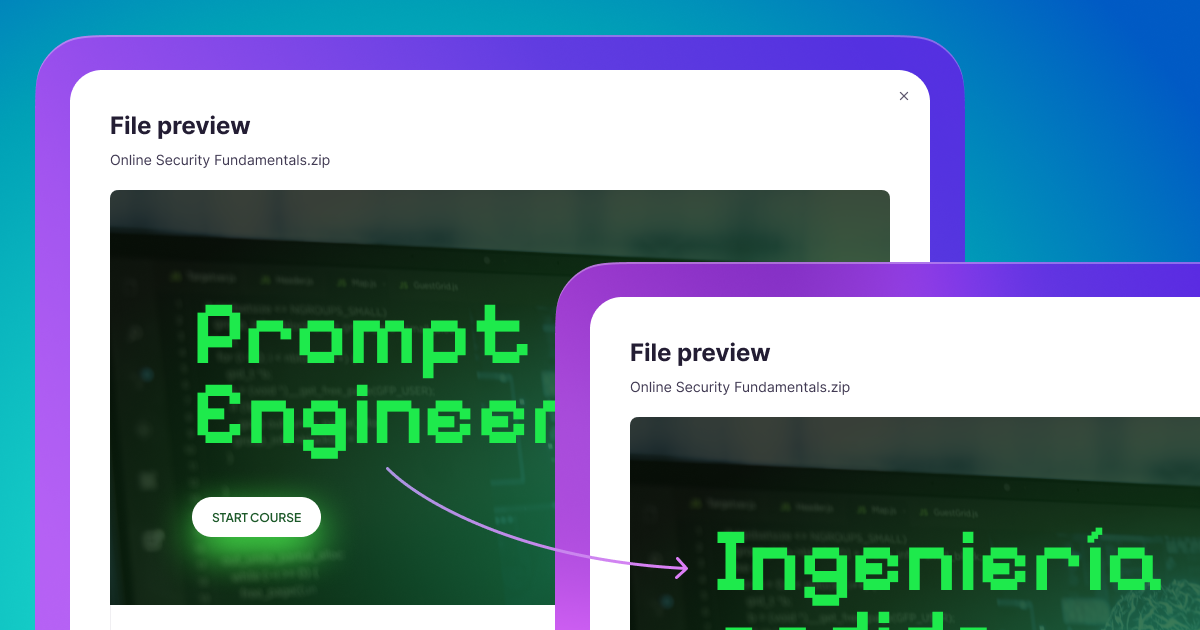 File previews of a SCORM course before and after translation from English to Spanish, with the same custom pixel font kept in the translated version