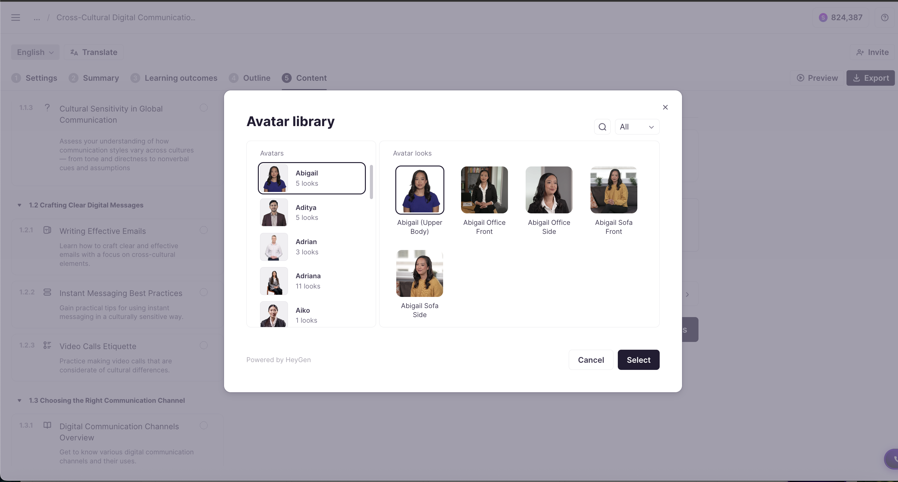 Avatar selection panel with presenter options