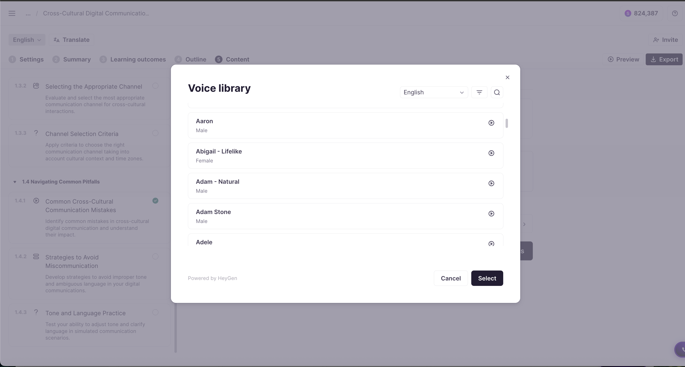 Voice selection panel with narration voice options