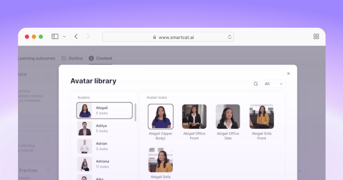 Choosing an AI avatar for a video lesson in Smartcat’s course editor