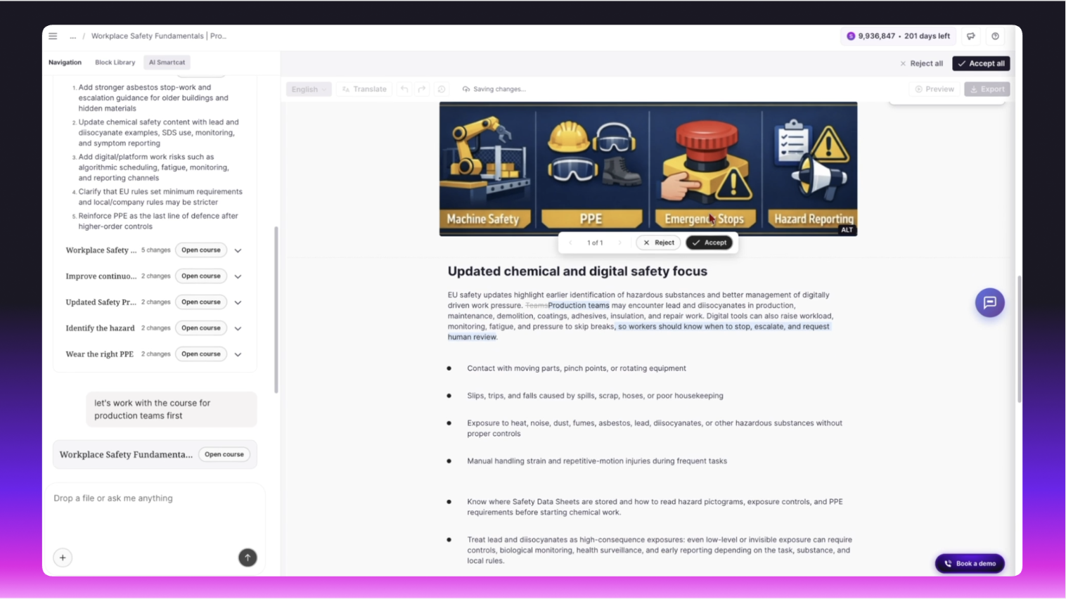 A workplace safety course open in Smartcat’s course editor, with AI-suggested changes to accept or reject and the course outline on the left