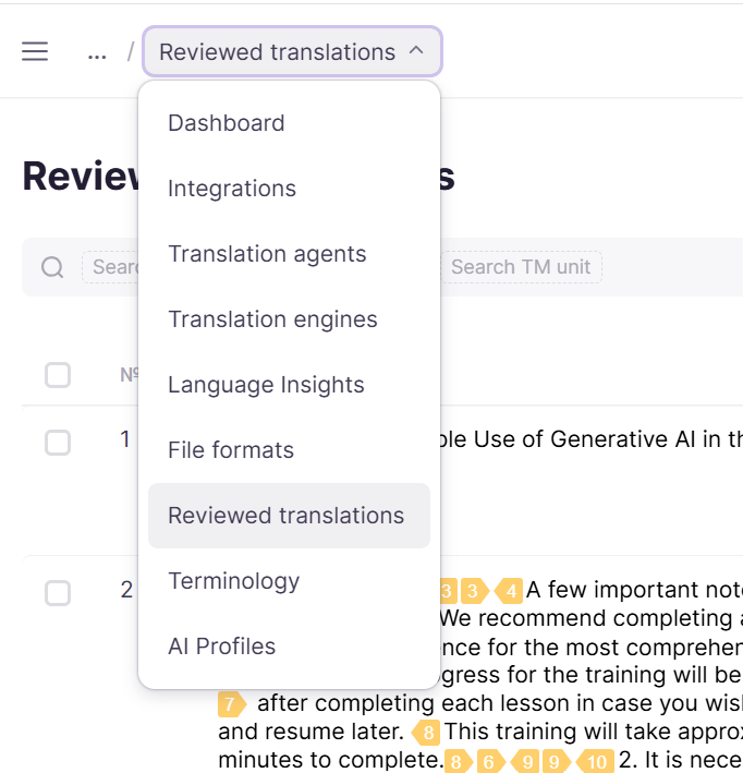 Intelligence Fabric dropdown showing linguistic asset options