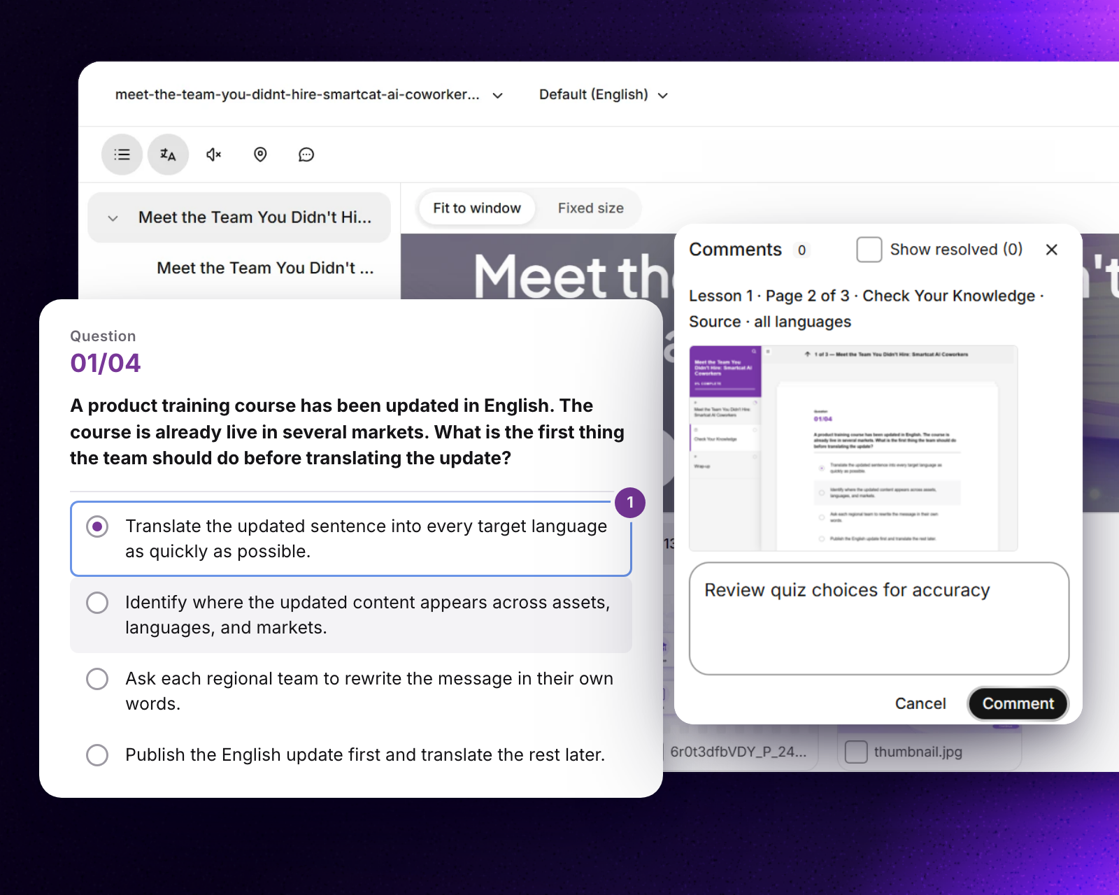 Reviewing a course quiz in Smartcat, with a reviewer’s comment pinned to the question